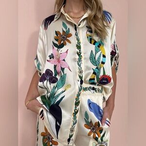 Commense Eccentric Surrealist Botanical Print Satin Shirt XL